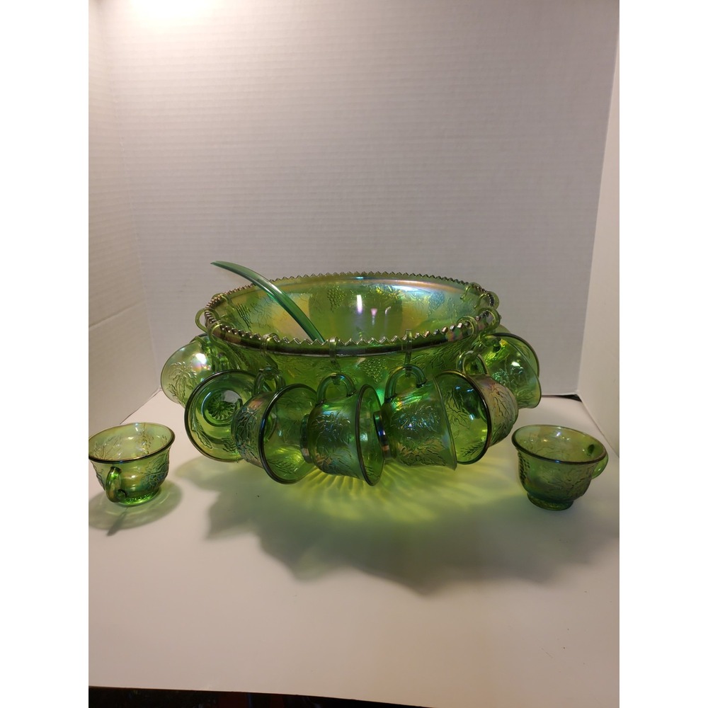 Vtg Indiana Glass Green Carnival Glass Punch Bowl Set 12 Cups And Hooks Ladle